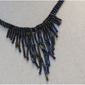 Black Iridescent Beaded Necklace Retro Victorian Witchy Grunge Whimsygoth Fairy